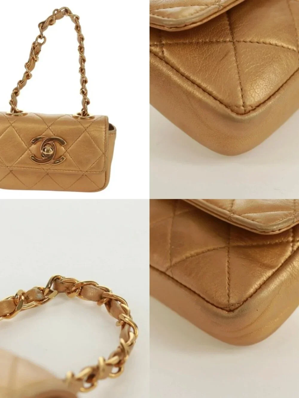 CHANEL Mini Matelasse 10 Chain Handle Pouch Lamb Skin Gold CC Auth 165375V